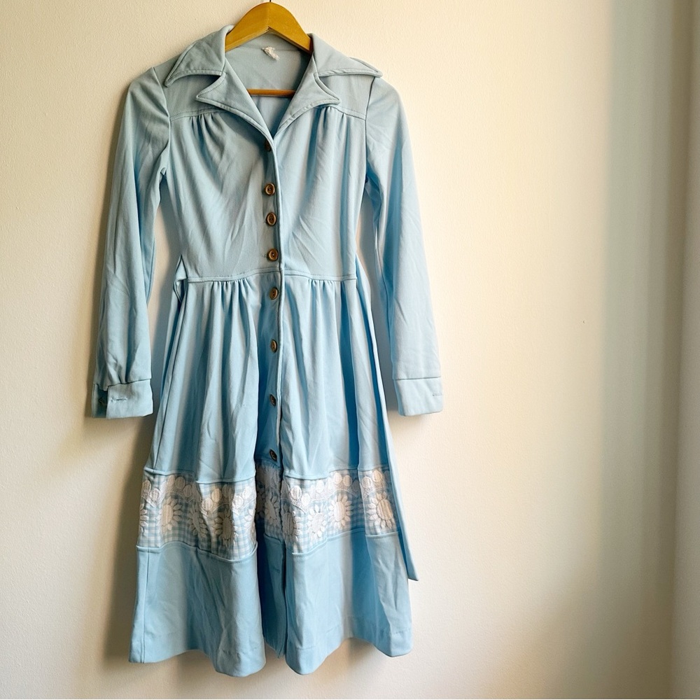 70s Vintage Light Blue Midi Dress XS Long Sleeve